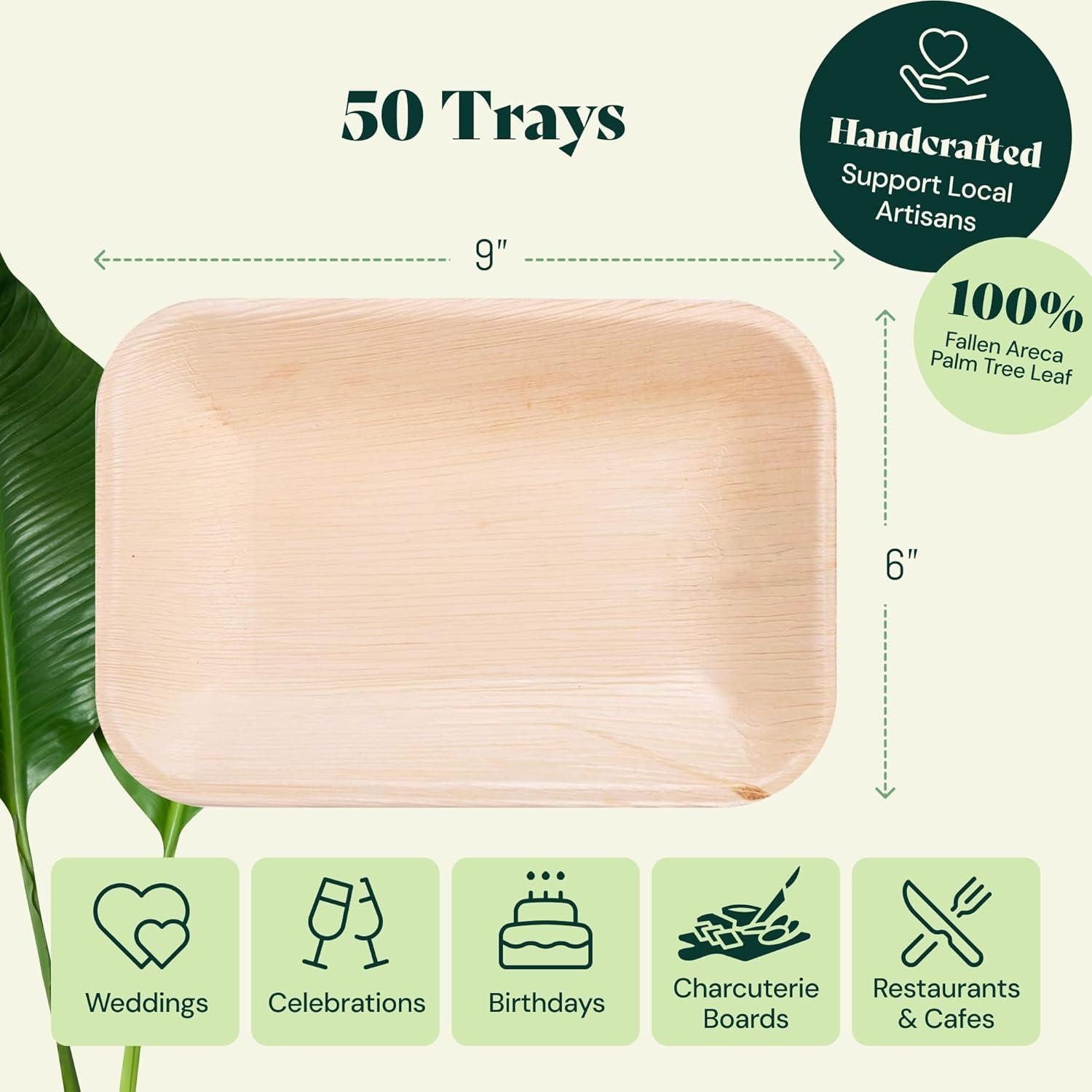 Chic Leaf Disposable Palm Leaf Trays, 17" x 12", 10 Pack, Compostable, Eco-Friendly Platters Charcuterie Board