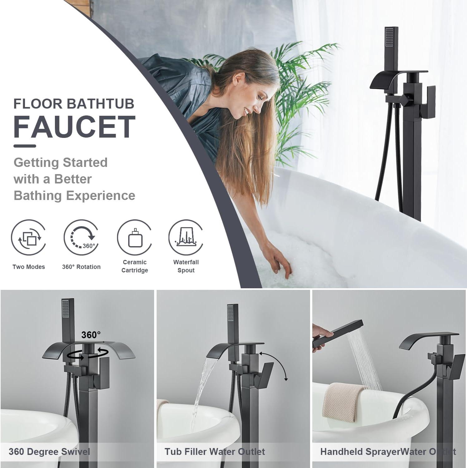 PWTOOL Freestanding Tub Faucet Modern Shower Head Sets for Bathroom Tub Filler Matte Black High-Pressure Shower Head Solid Brass Floor Mount Faucets Mixer Taps Bathroom Supplies for accepted