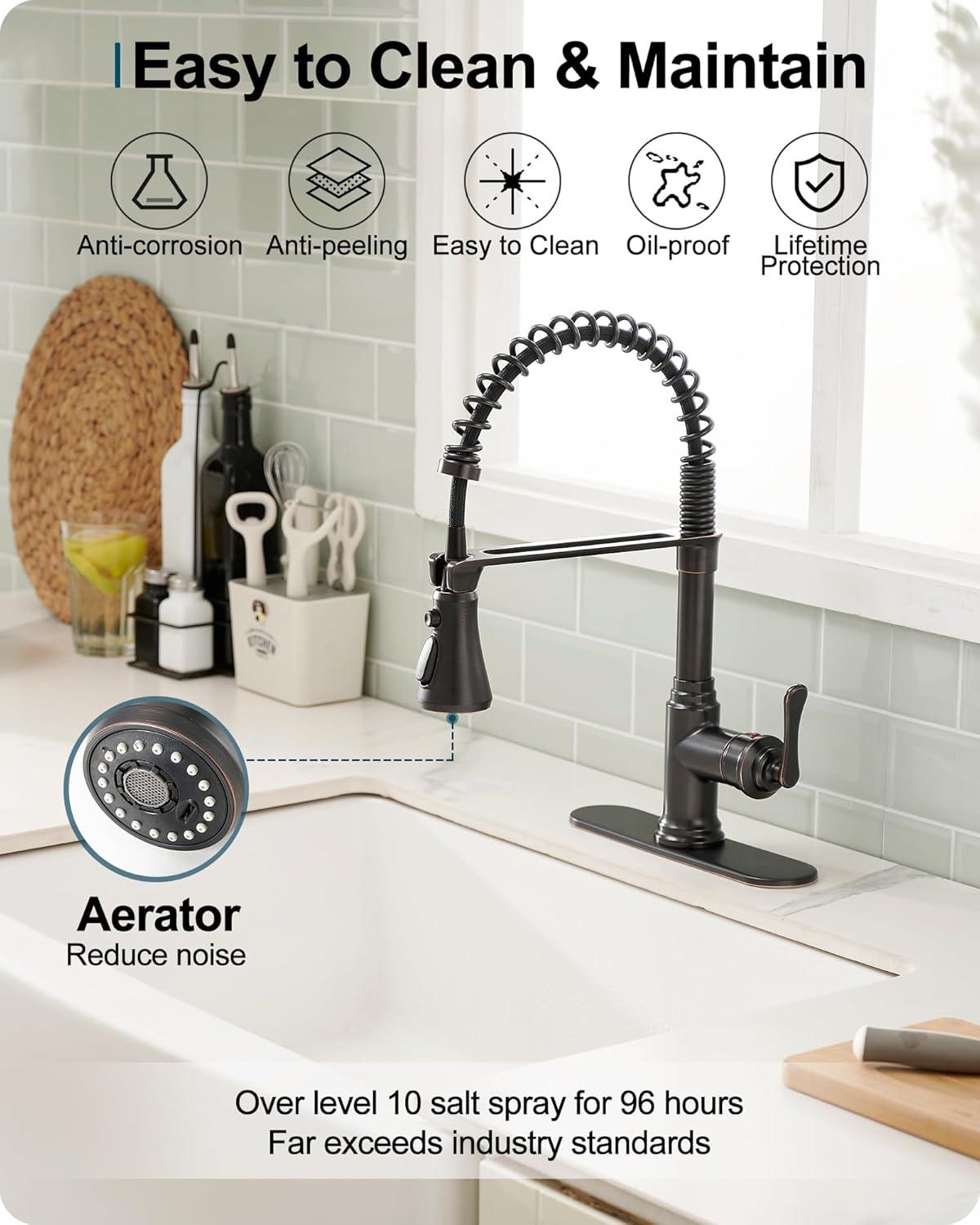 FORIOUS Rustic Kitchen Faucet with Pull Down Sprayer Oil Rubbed Brown, 3 Modes Stainless Steel High Arc Vintage Spring Sink Faucet 1 or 3 Holes for Pot Filler, Farmhouse Camper Wet Bar