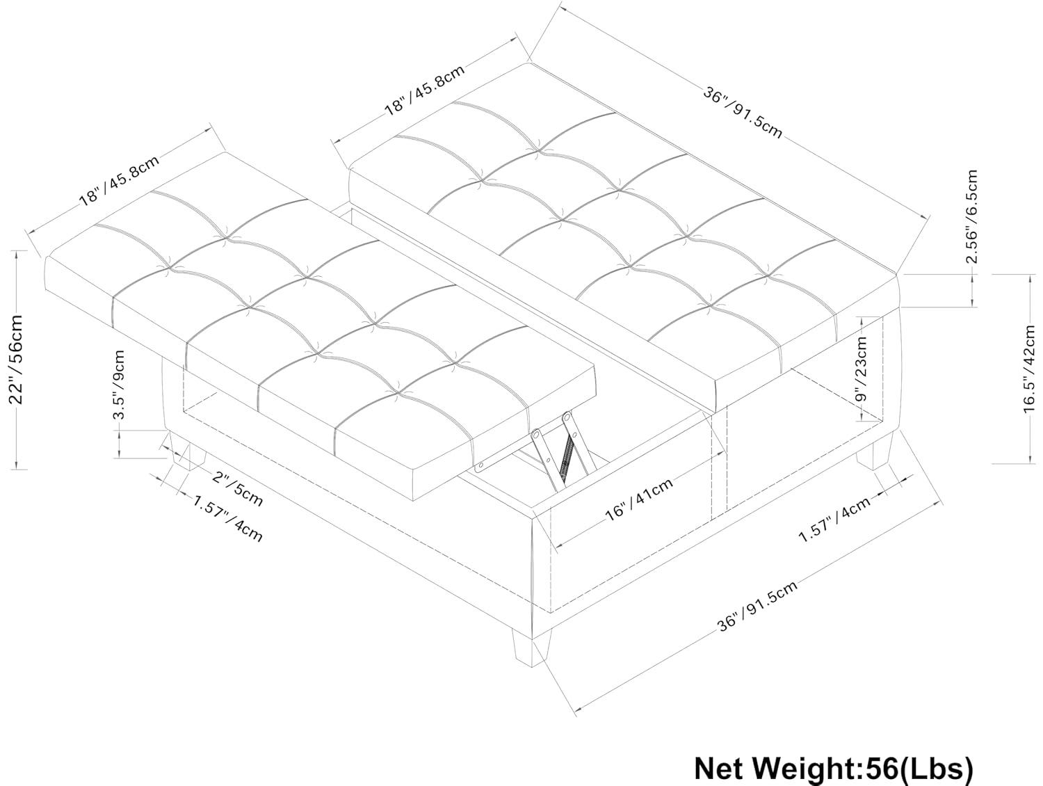 Simpli Home Harrison 36"W Upholstered Square Coffee Table Storage Ottoman with Split Lift Top