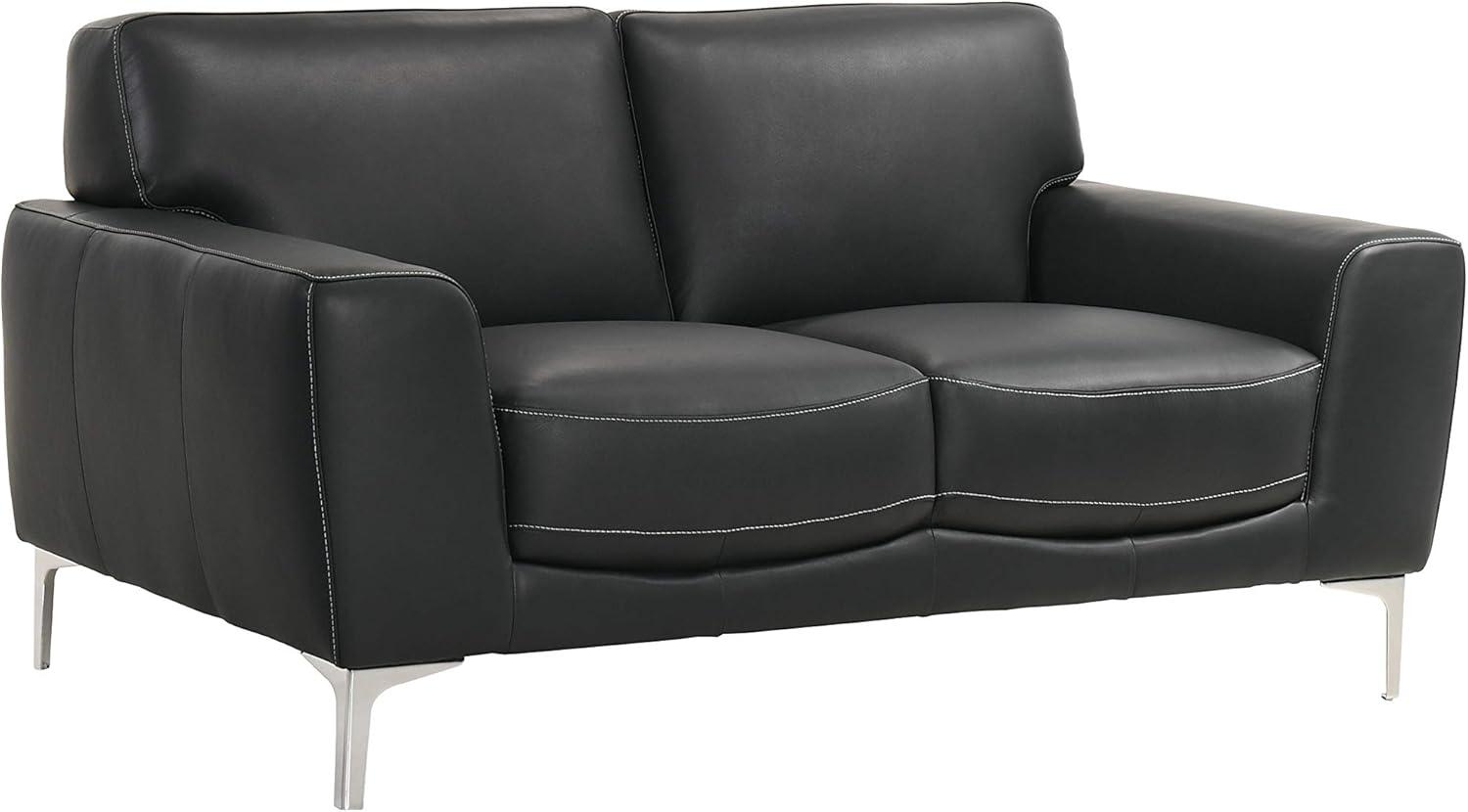 Transitional Carrara Black Leather Loveseat with Metal Legs