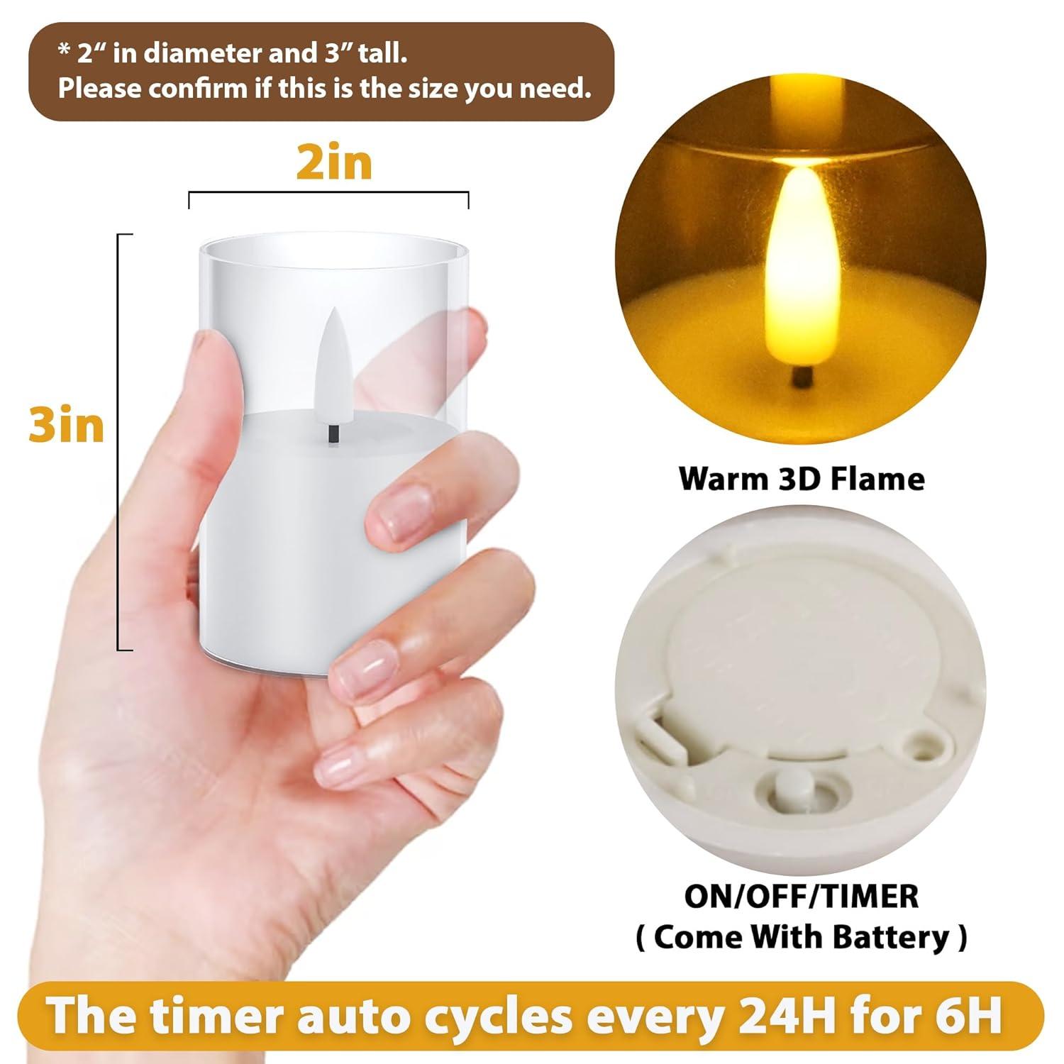 12Pack Flickering Flameless LED Candles with Timer, Battery Powered - Small Pillar & Votive, Clear (2"X3")