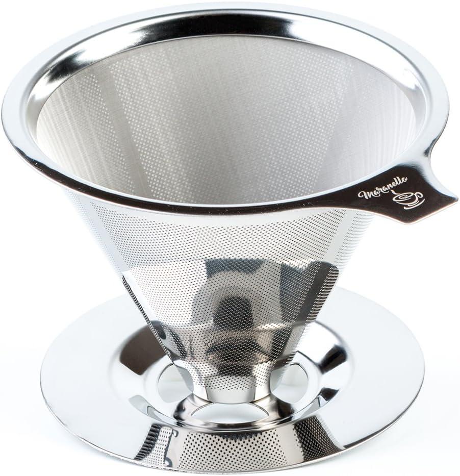 Maranello Caff Pour Over Coffee Dripper - Reusable Stainless Steel Pour Over Coffee Maker - Single or Multi Cup Paperless Coffee Filter with Cup Stand