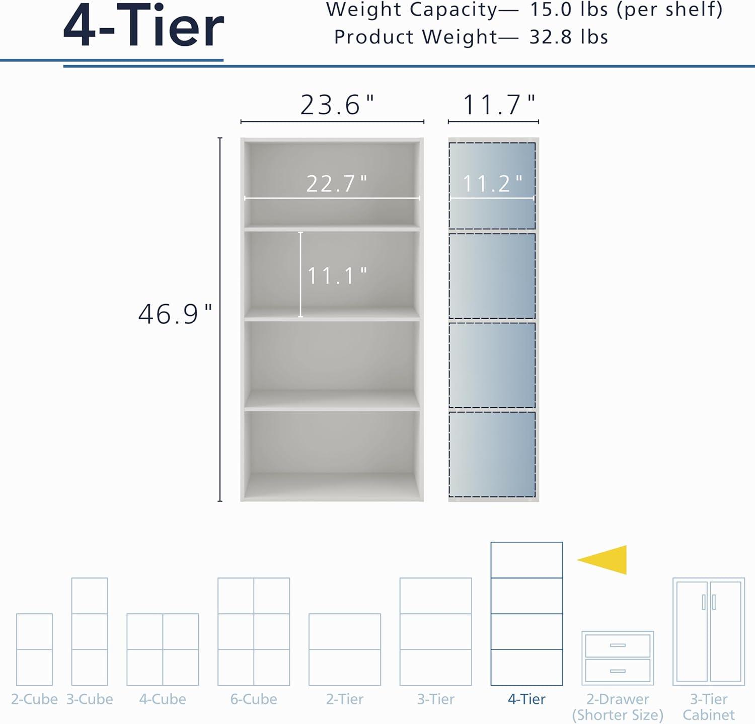 24/7 Shop At Home 46.9" Silkpath Modern 4 Tier Stackable and Modular Bookcase White: Modular Organizer, Open Shelving