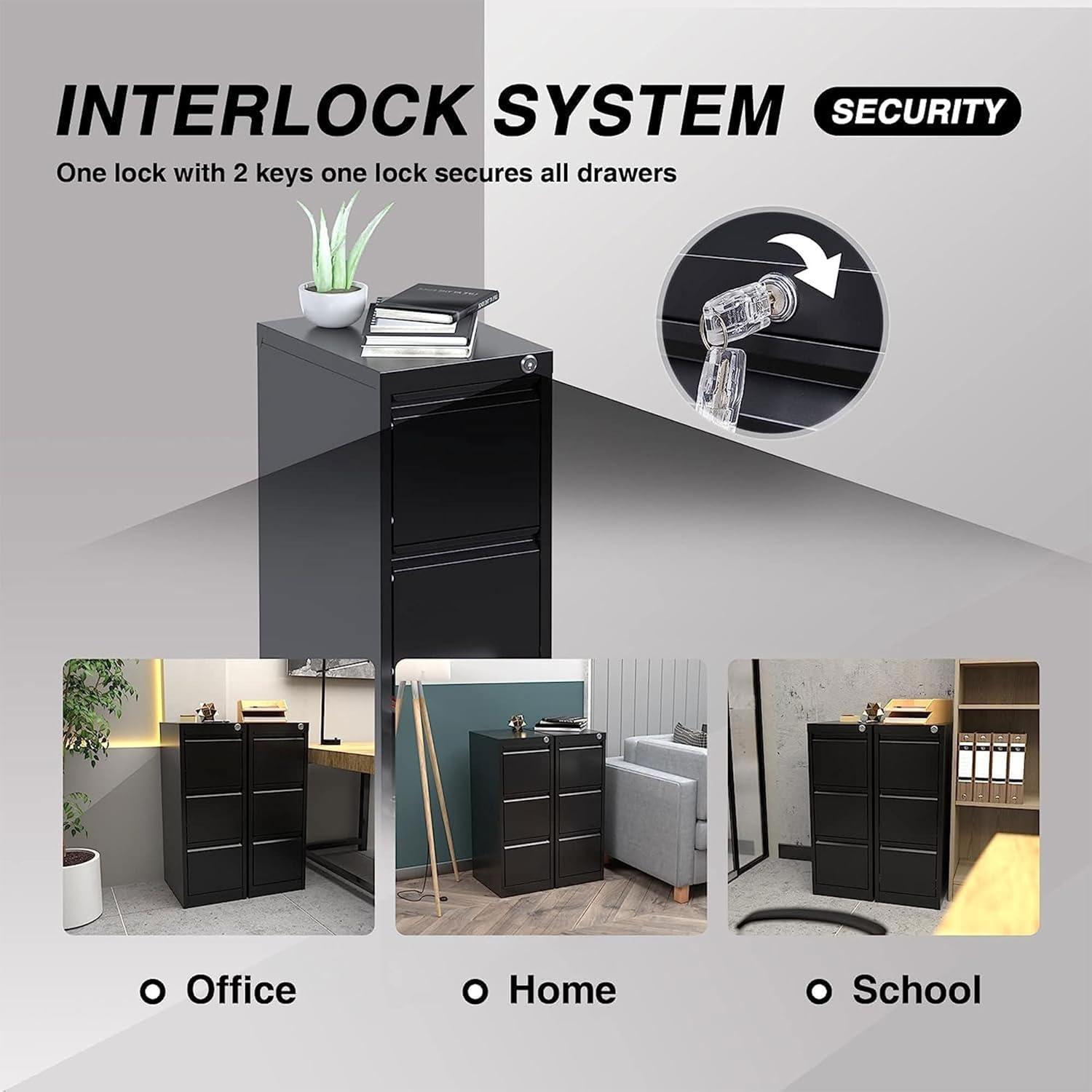 AOBABO 3 Drawer Vertical Steel File Organizer Filing Cabinet with Locking System and Adjustable Hanging Bars for Home and Office Organization, Black