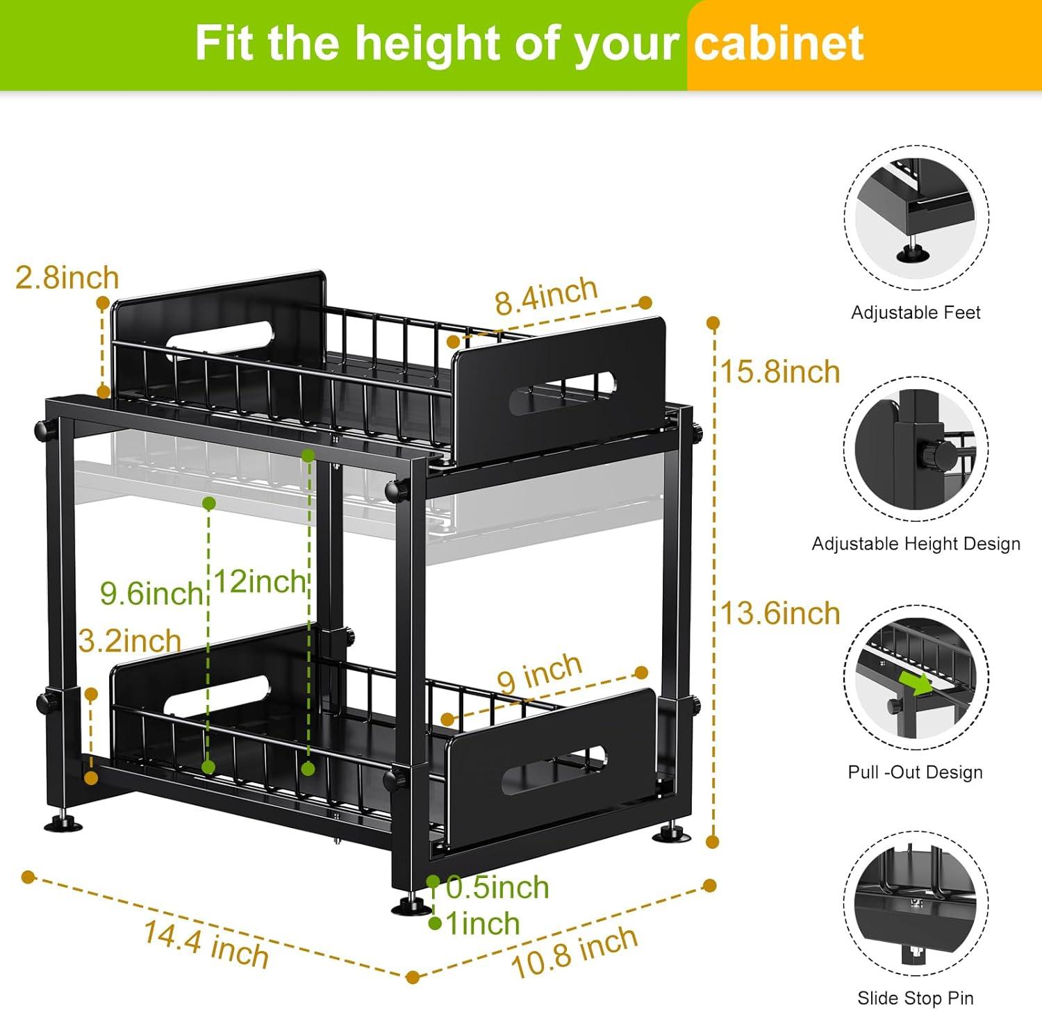 2 Pack Under Sink Organizer,Kitchen Organizers and Storage with sliding,2 Tier Pull Out Cabinet Organizer,Adjustable height Metal Rack for Kitchen Bathroom Storage Counter Organization
