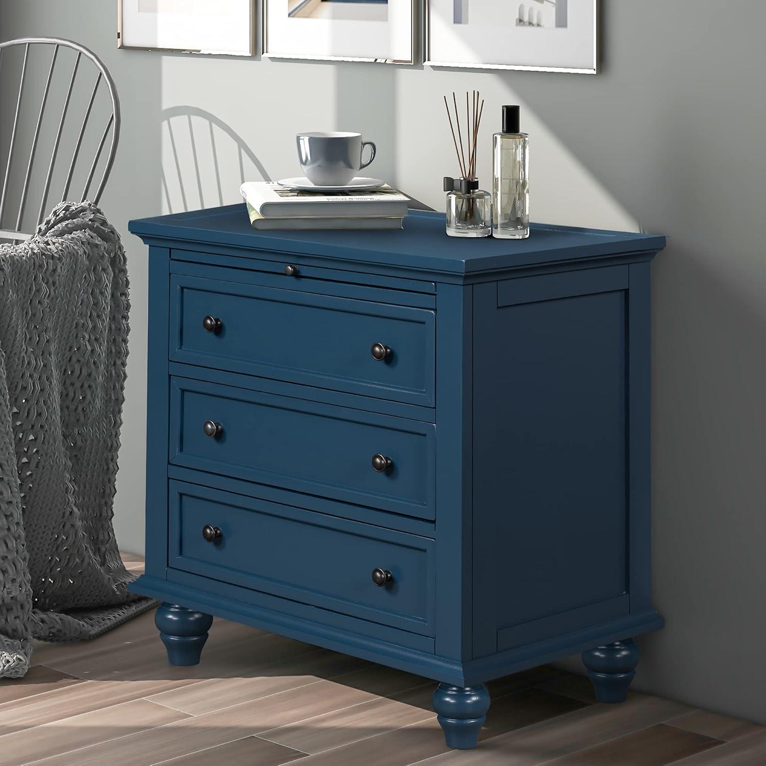 Blue Pine and Manufactured Wood 3-Drawer Nightstand with Pull-Out Tray