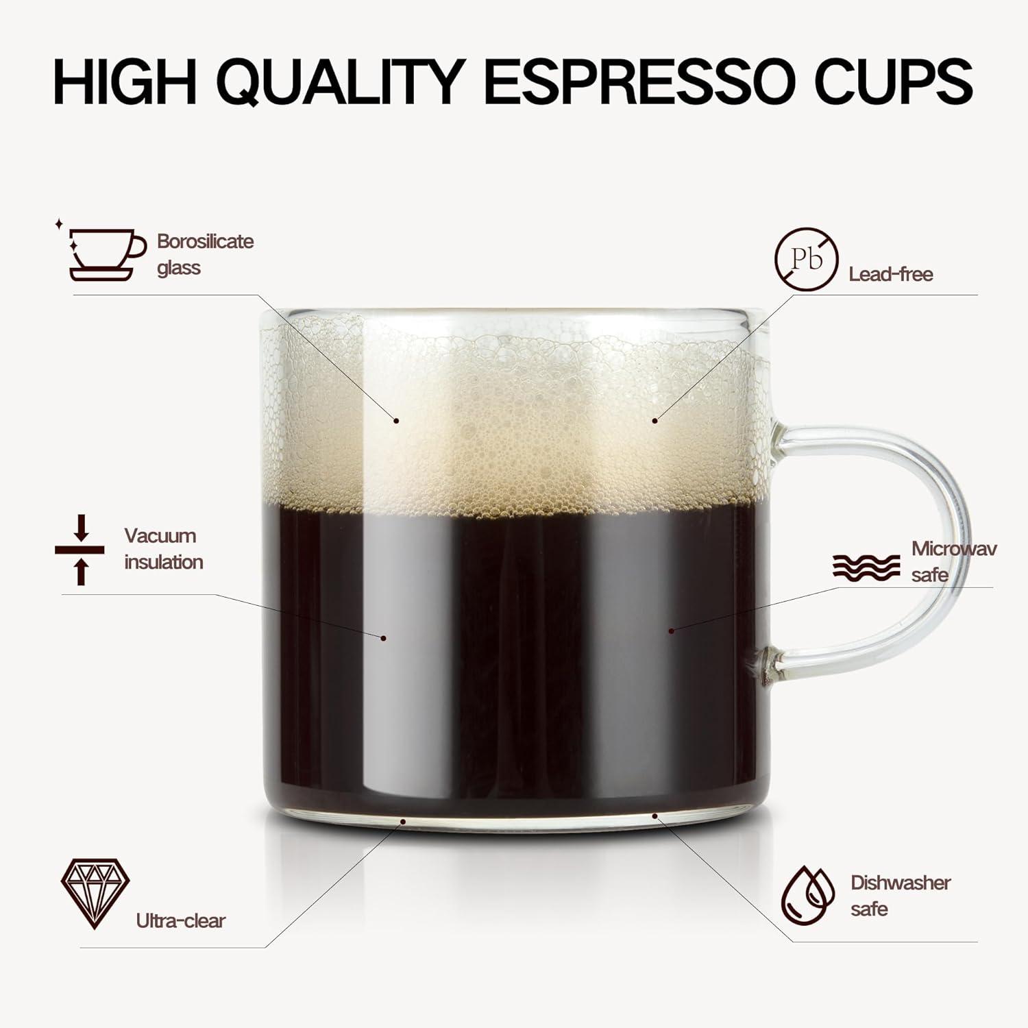 PARACITY Espresso Cups Set of 4, Insulated Espresso Accessories 4.3 OZ, High Borosilicate Espresso Shot Glass, Clear Glass Expresso Coffee Cup with Handle, Small Tea Cups