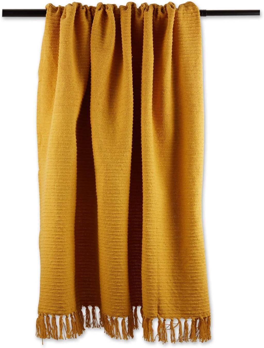 Honey Gold Ribbed Cotton Throw Blanket with Fringe, 50x60