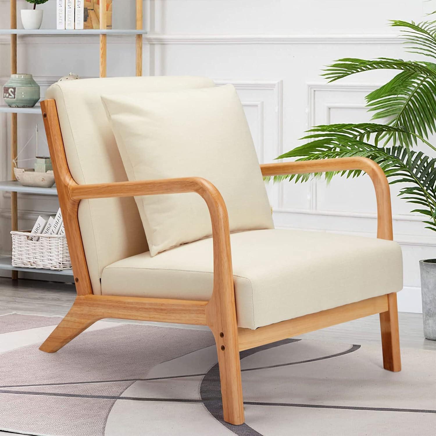 Jomeed Oak Wood Frame and Linen Upholstery Mid Century Modern Accent and Leisure Chair - Beige