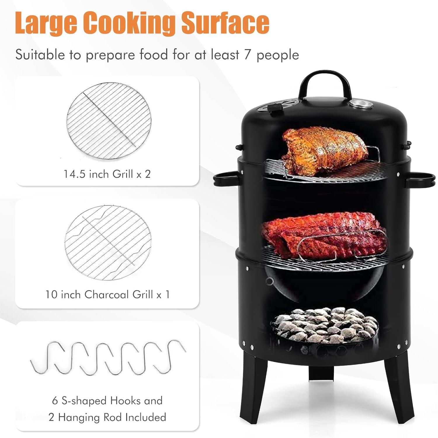 Zateety Vertical Charcoal BBQ Smoker, 3-in-1 16" Round Charcoal Barbecue Grill with 2 Cooking Area, and Thermometer for Outdoor Camping Picnic Backyard Cooking, Black