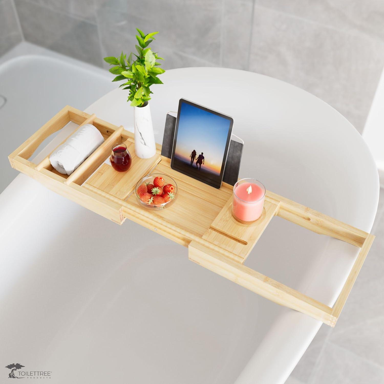 ToiletTree Products Bamboo Bathtub Caddy with Extending Sides and Adjustable Book Holder (Deluxe)