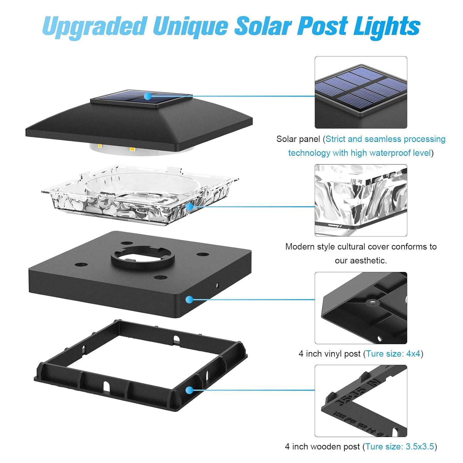 VOLISUN 4x4 Solar Fence - Post Lights Outdoor Waterproof 12pack, Deck Cap Light for 4x4 Wooden/4x4 Vinyl,Black Solar Fence Post Cap Light for Garden/Patio/Porch