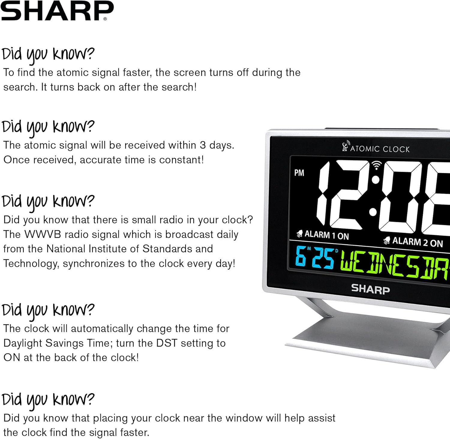 Sharp Digital Atomic Alarm Clock Color Display Atomic Accuracy Day of Week Time/Date Silver