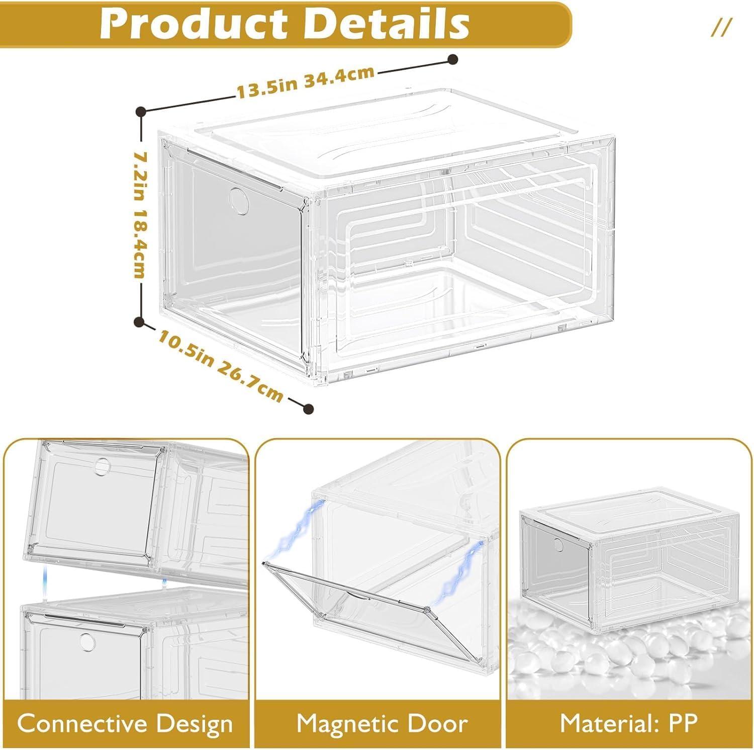 Large Clear Stackable Plastic Shoe Organizer with Magnetic Door