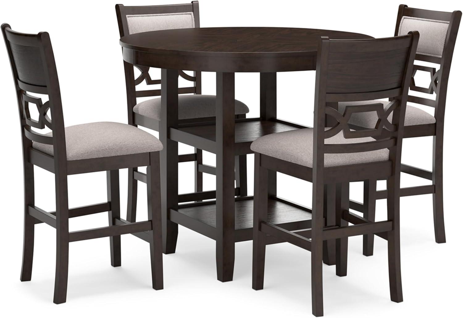 Cherry Brown Transitional Round Counter Height Dining Table with 4 Barstools