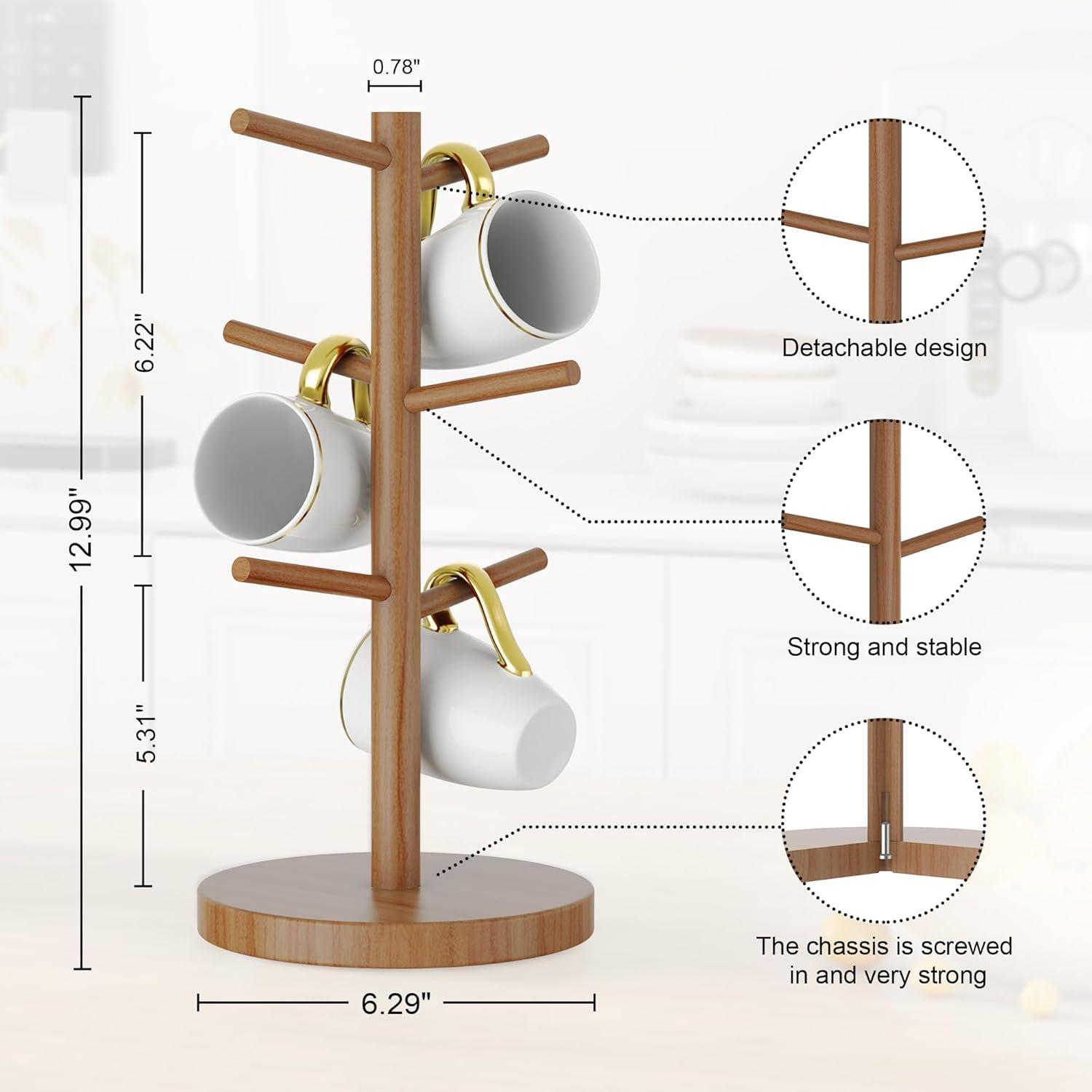 Natural Bamboo Mug Holder Tree with Thicker Base and 6 Hooks