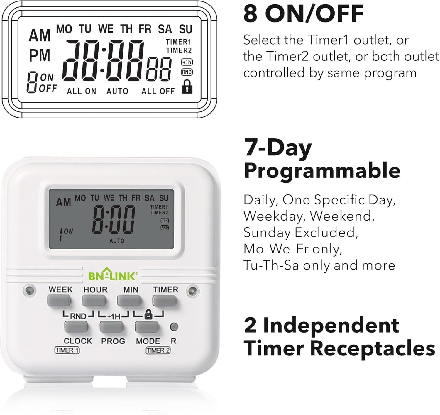 BN-LINK 7 Day Heavy Duty Digital Programmable Dual Outlet Timer - 2 Independently Programmable Grounded Outlets