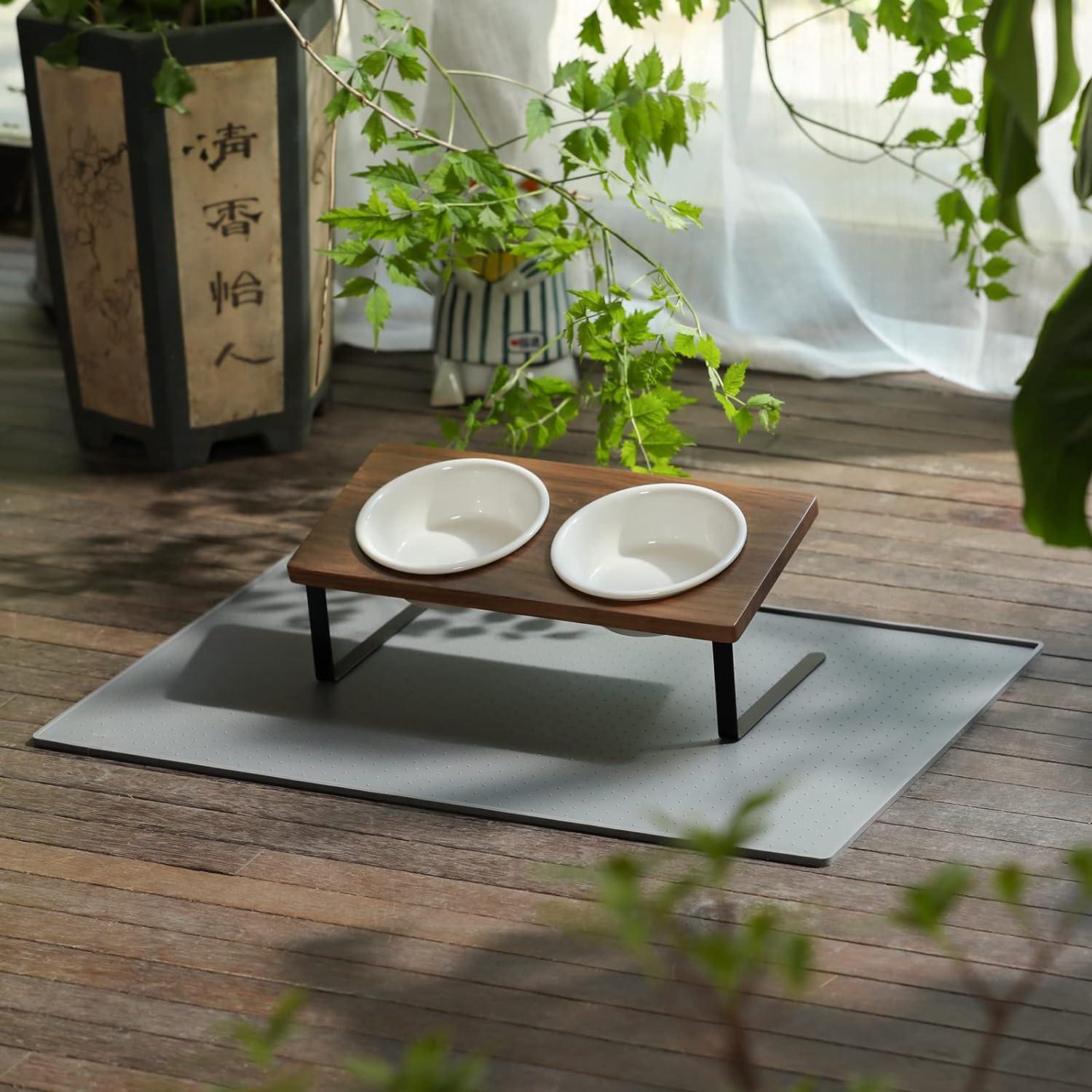 Elevated Cat Ceramic Bowls, Small Dog 15°Tilted Raised Food Feeding Dishes, Solid Walnut Water Stand Feeder Set for Cats and Puppy