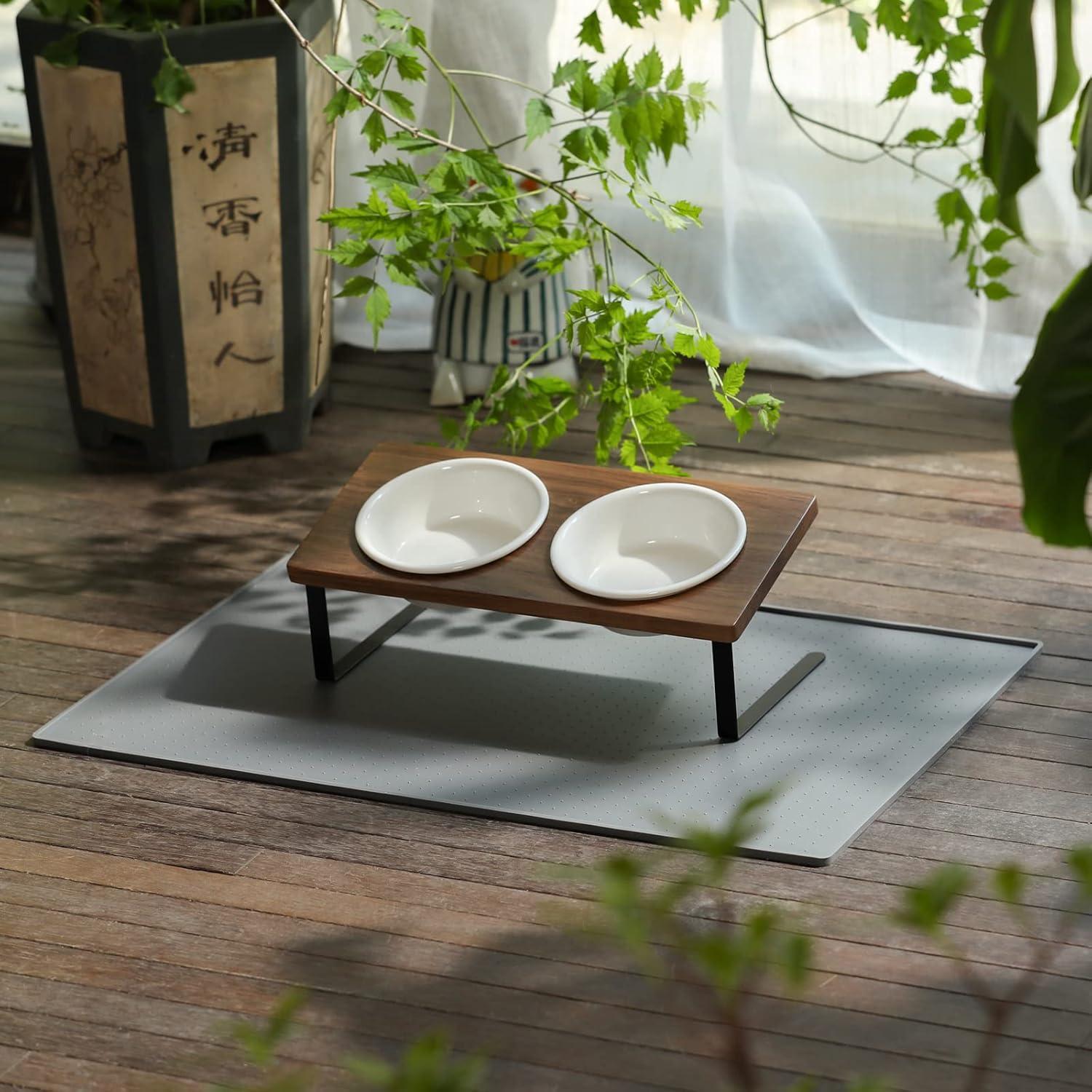 Elevated Cat Ceramic Bowls, Small Dog 15°Tilted Raised Food Feeding Dishes, Solid Walnut Water Stand Feeder Set for Cats and Puppy