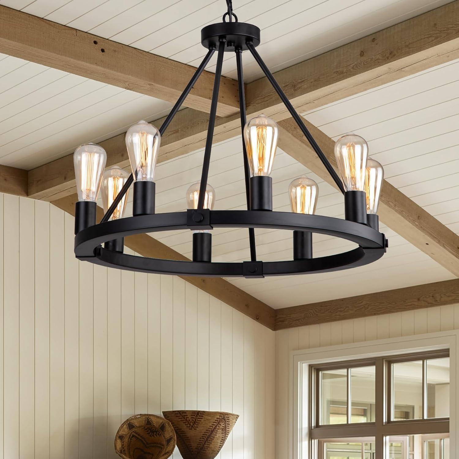 Black Metal 24" 8-Light Wagon Wheel Chandelier