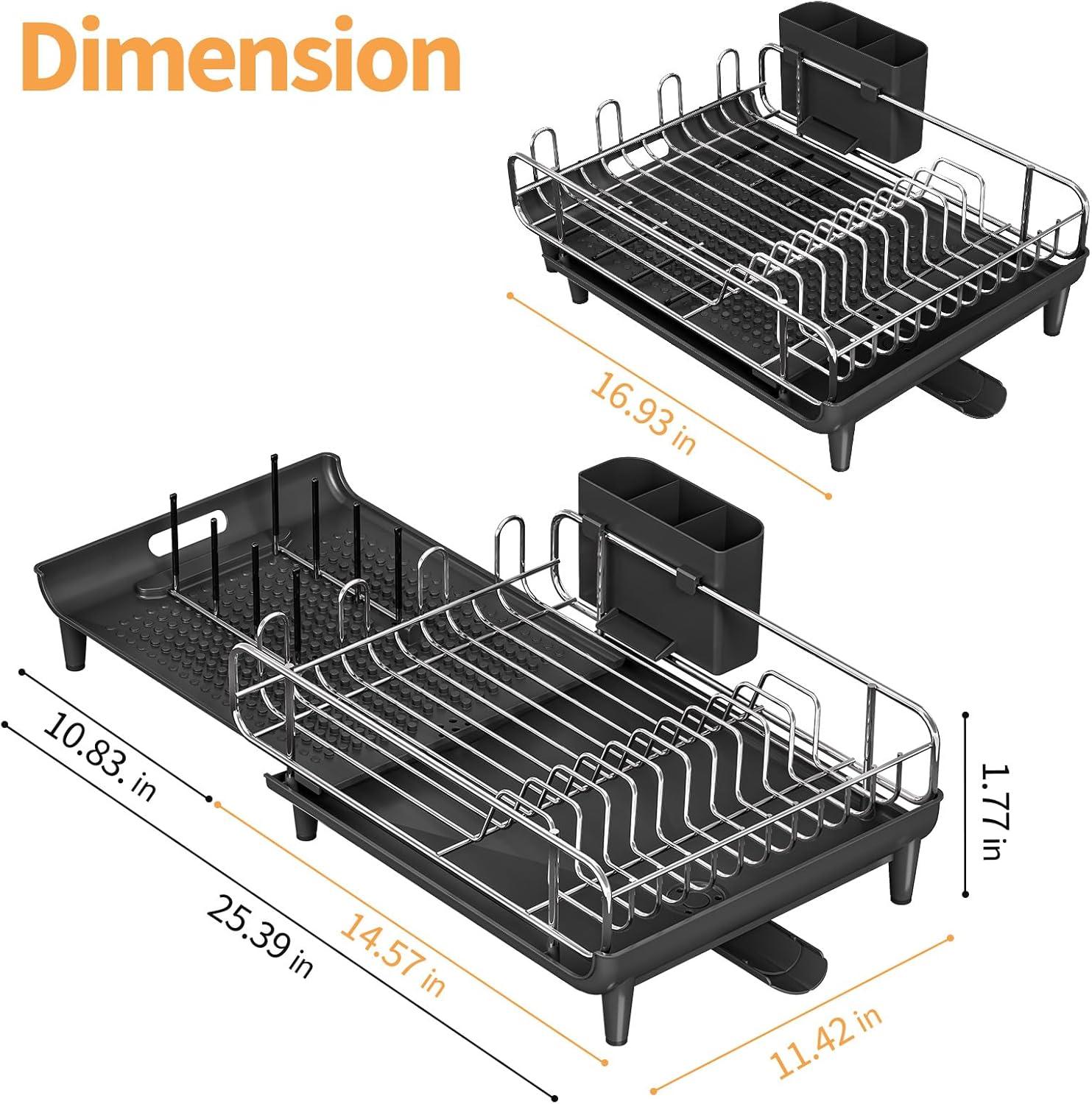 Expandable Dish Drying Rack for Kitchen Counter, 304 Stainless Steel Dish Rack, Multi-Function Dish Drainer, Large Dish Strainer with Cup Holder, Cutlery Holder, Extendable Large Size