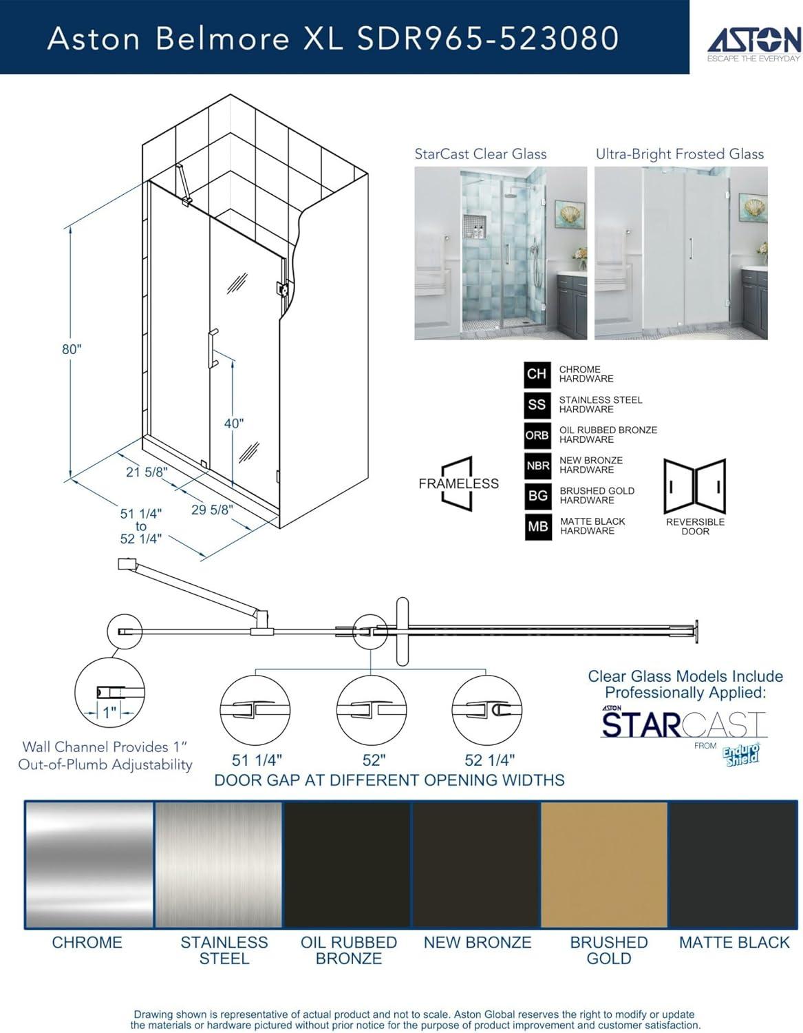 Belmore XL 51.25 - 52.25 in. W x 80 in. H Frameless Hinged Shower Door with Clear StarCast Glass in Matte Black