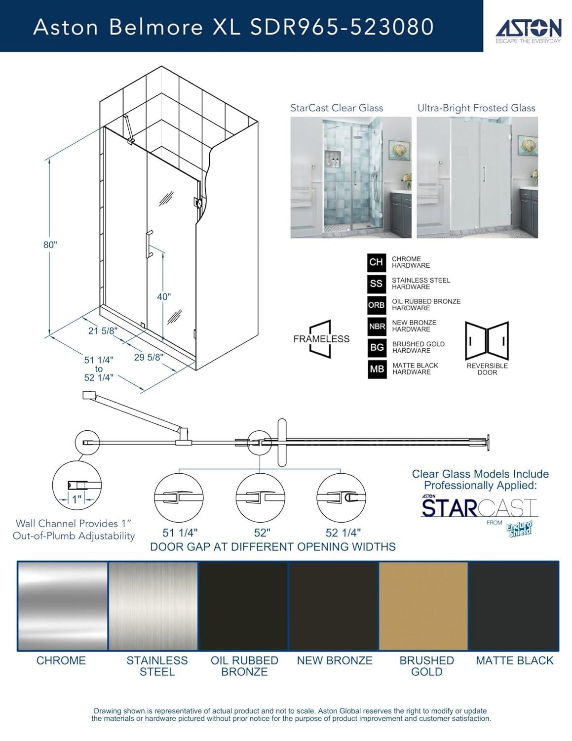 Belmore XL 51.25 - 52.25 in. W x 80 in. H Frameless Hinged Shower Door with Clear StarCast Glass in Matte Black