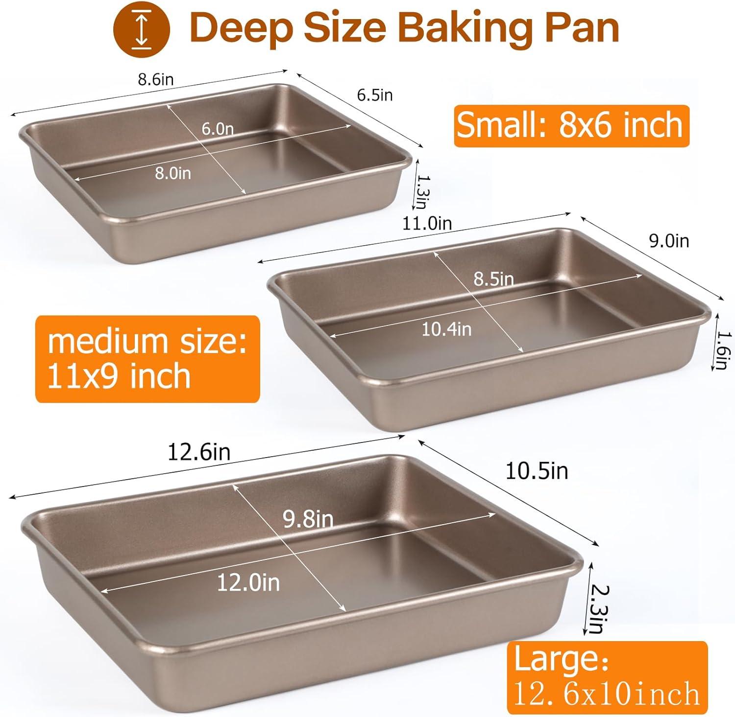 3-Pack Nonstick Bakeware Set, Baking Cookie Sheets, Heavy Duty Rectangular Deep-Dish Cake Pan for Oven (Gold)