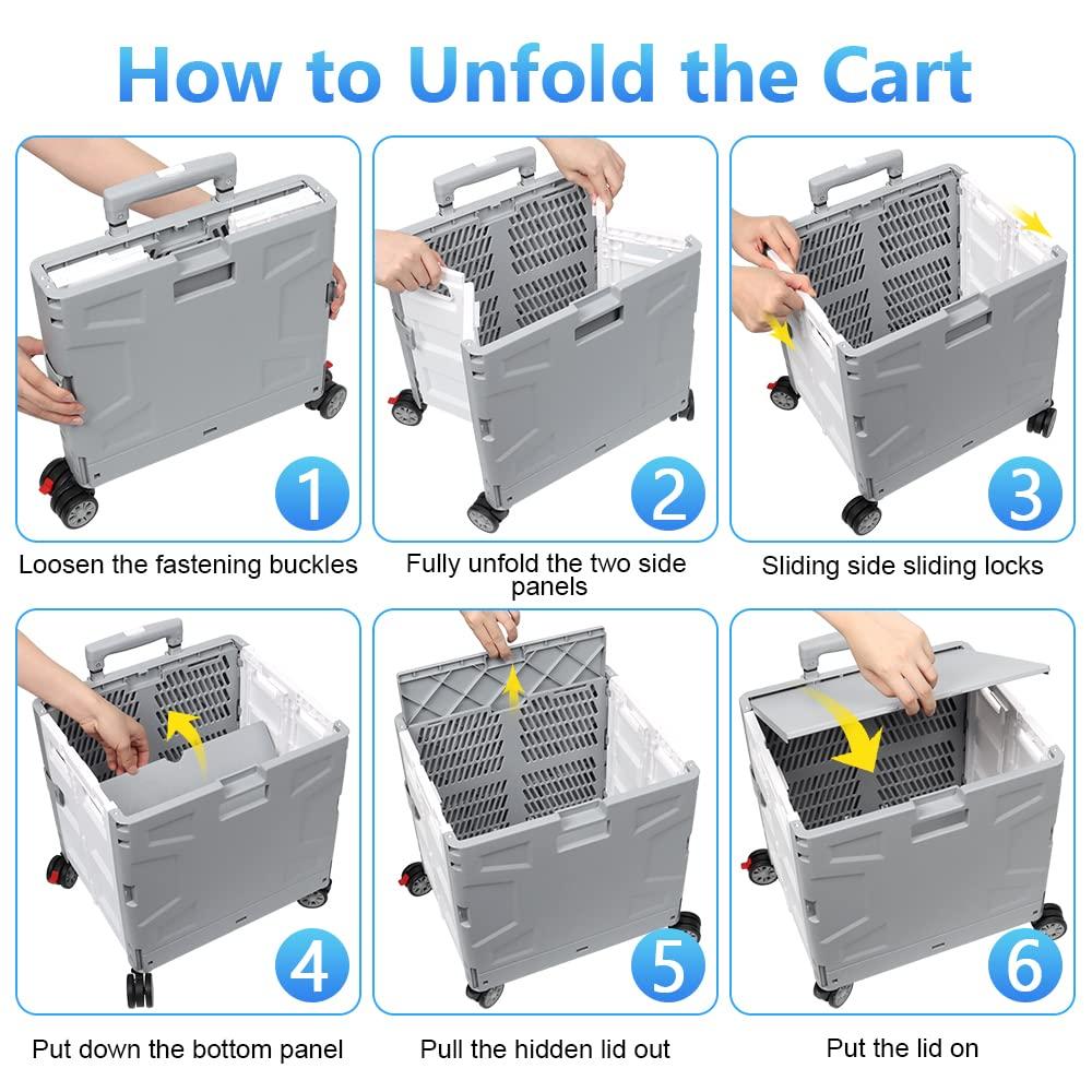 Folding Utility Cart Portable Rolling Crate Hand Truck Teacher Cart Heavy Duty Plastic Telescoping Handle Collapsible Hidden Lid Swivel Wheels for Travel Shopping Moving Office Use(Gray White)