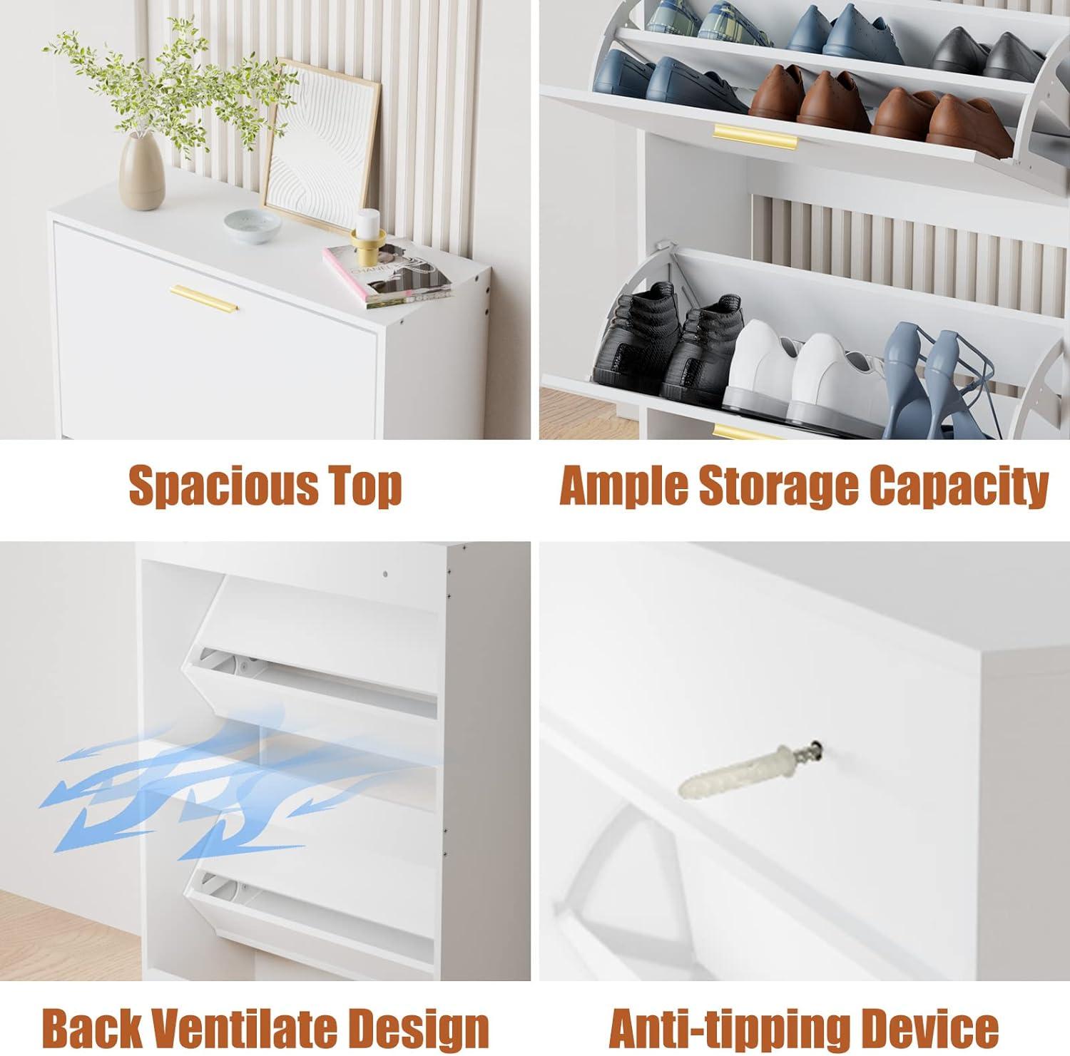 Shoe Cabinet Storage for Entryway  Freestanding Slim Shoe Organizer Cabinet with 2 Flip Drawers  Narrow Shoe Rack with Open Shelves for Hallway  Living Room  White