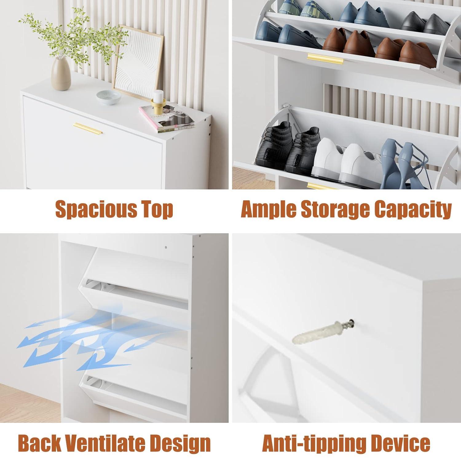 Shoe Cabinet Storage for Entryway  Freestanding Slim Shoe Organizer Cabinet with 2 Flip Drawers  Narrow Shoe Rack with Open Shelves for Hallway  Living Room  White