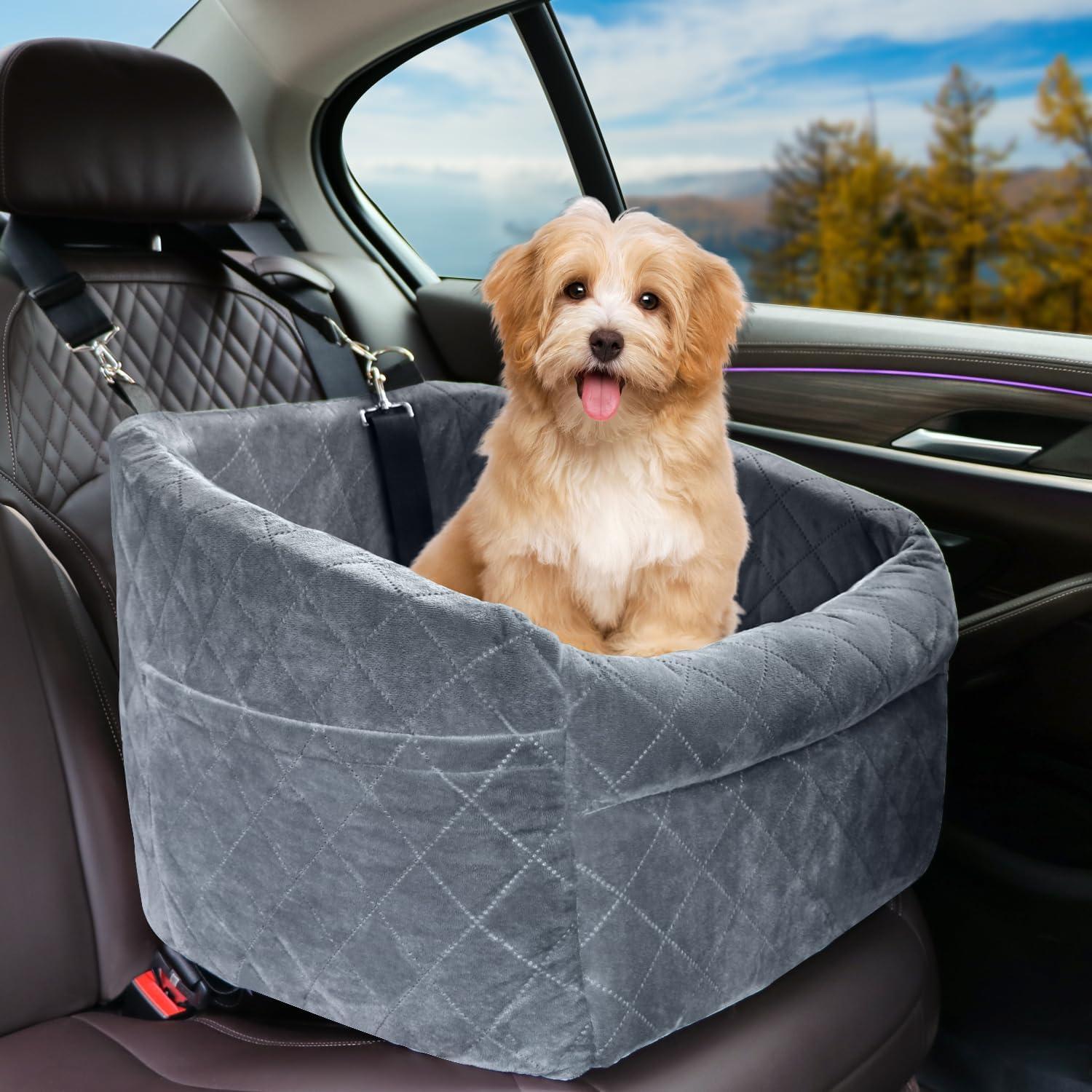 Dog Car Seat for Small/Medium Dogs, Upgrade Dog Booster Seat,Detachable and Washable Pet Car Seats with Thick Cushion Safety Leash and Storage Pockets(Grey)