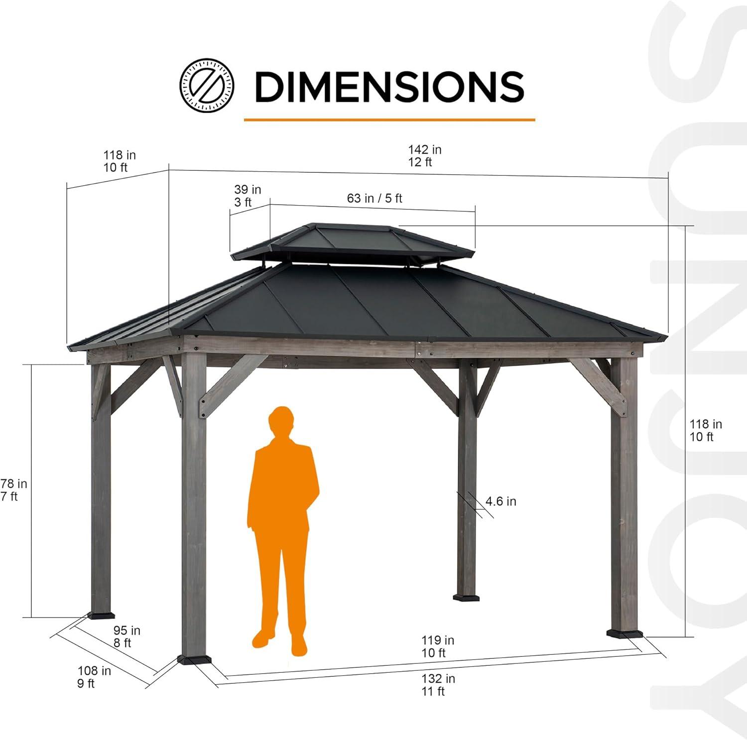 Sunjoy Sunjoy 12x20 ft. Wood Gazebo, Outdoor Patio Steel Hardtop Gazebo with 2-tier Metal Roof, Suitable for Patios, Lawn and Backyard, Matte Black Roof