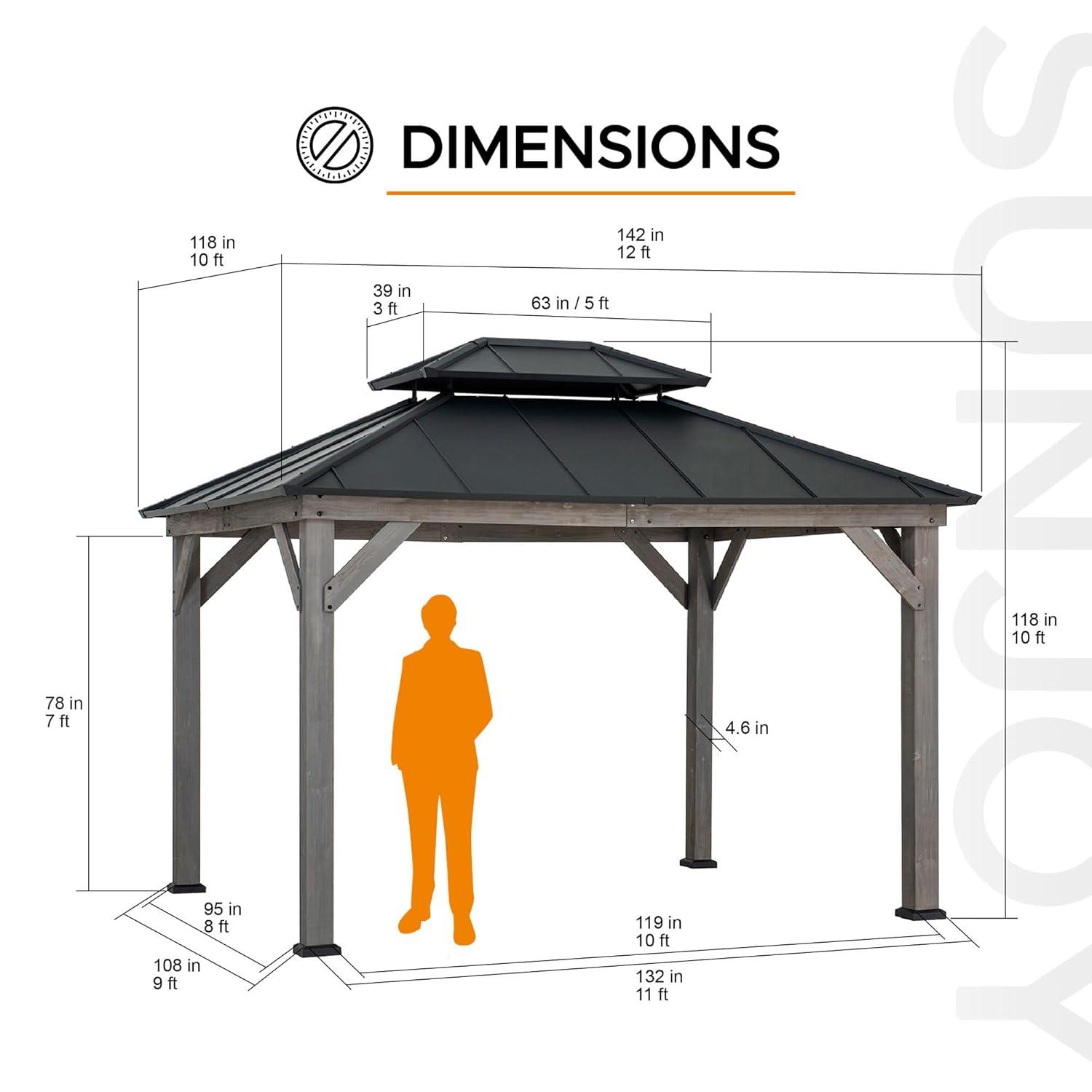 Sunjoy Sunjoy 12x20 ft. Wood Gazebo, Outdoor Patio Steel Hardtop Gazebo with 2-tier Metal Roof, Suitable for Patios, Lawn and Backyard, Matte Black Roof