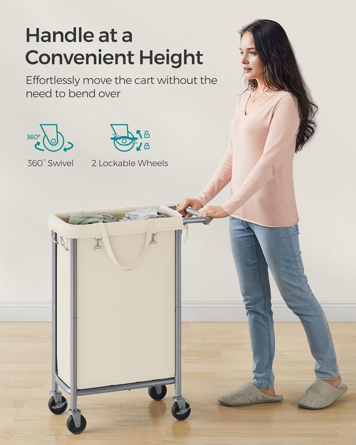 Laundry Basket with Wheels, Rolling Laundry Hamper, 23.8 Gallons (90L), Removable Liner, Steel Frame with Handle, Blanket Storage, 24 x 11.4 x 31.9 Inches, Cream White URLS003W01