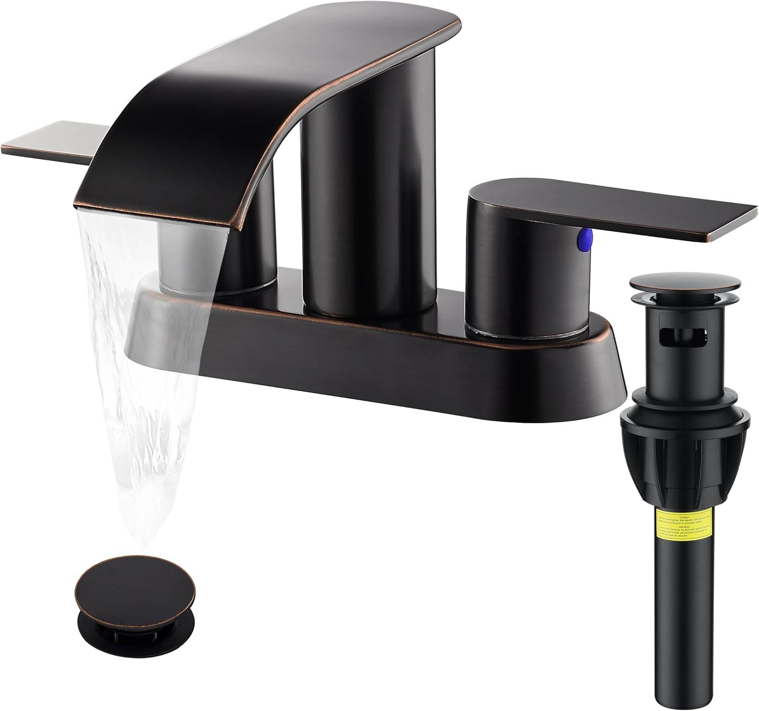 4-inch Centerset Double Handle Waterfall Bathroom Sink Faucet with Pop-up Drain Kit