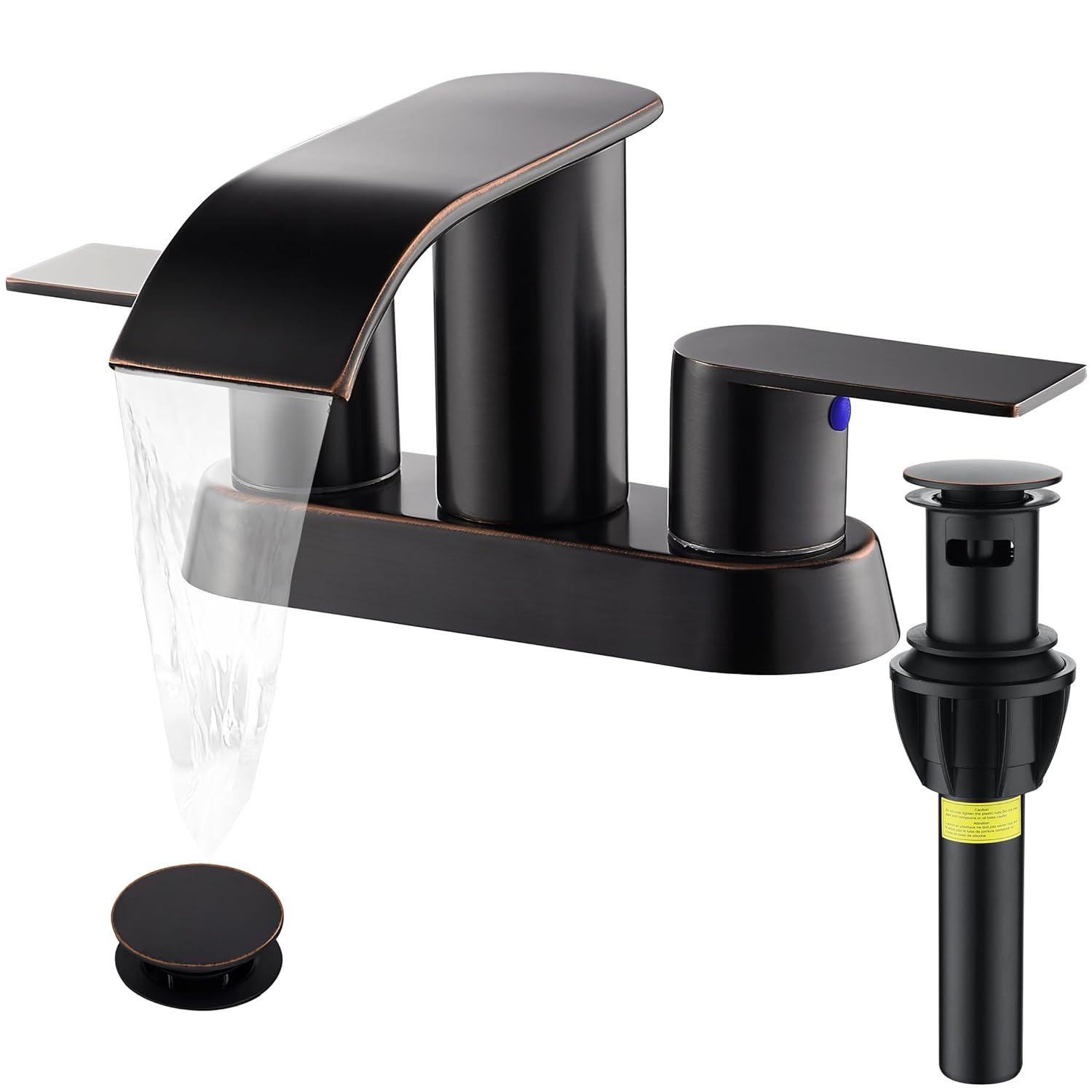 4-inch Centerset Double Handle Waterfall Bathroom Sink Faucet with Pop-up Drain Kit