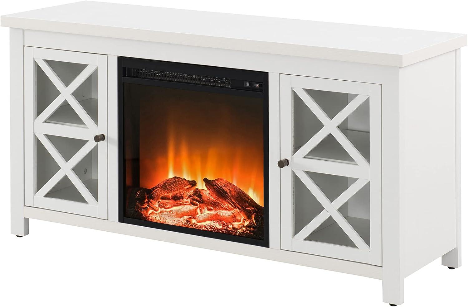 Evelyn&Zoe Colton Rectangular TV Stand with Log Fireplace for TV's up to 55", White