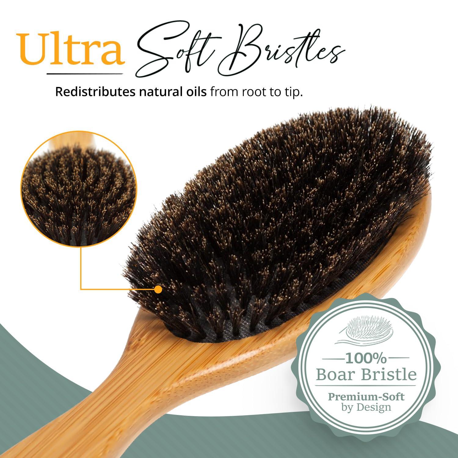 Belula 100% Boar Bristle Hair Brush Set (Medium). Soft Natural Bristles for Thin and Fine Hair. Restore Shine And Texture. Wooden Comb, Travel Bag and Spa Headband Included!