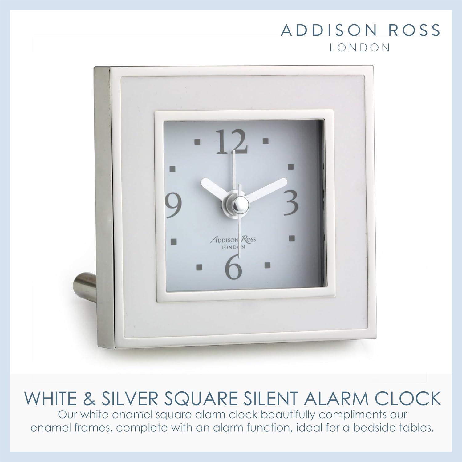 Addison Ross Battery Alarm Clock – Silent Sweep – Compact & Stylish – Alarm Clock Bedside – Velvet-Backed Design/Home & Office Decor – White Enamel