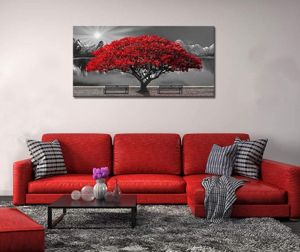 Large Red Tree Landscape Canvas Print with Black Frame