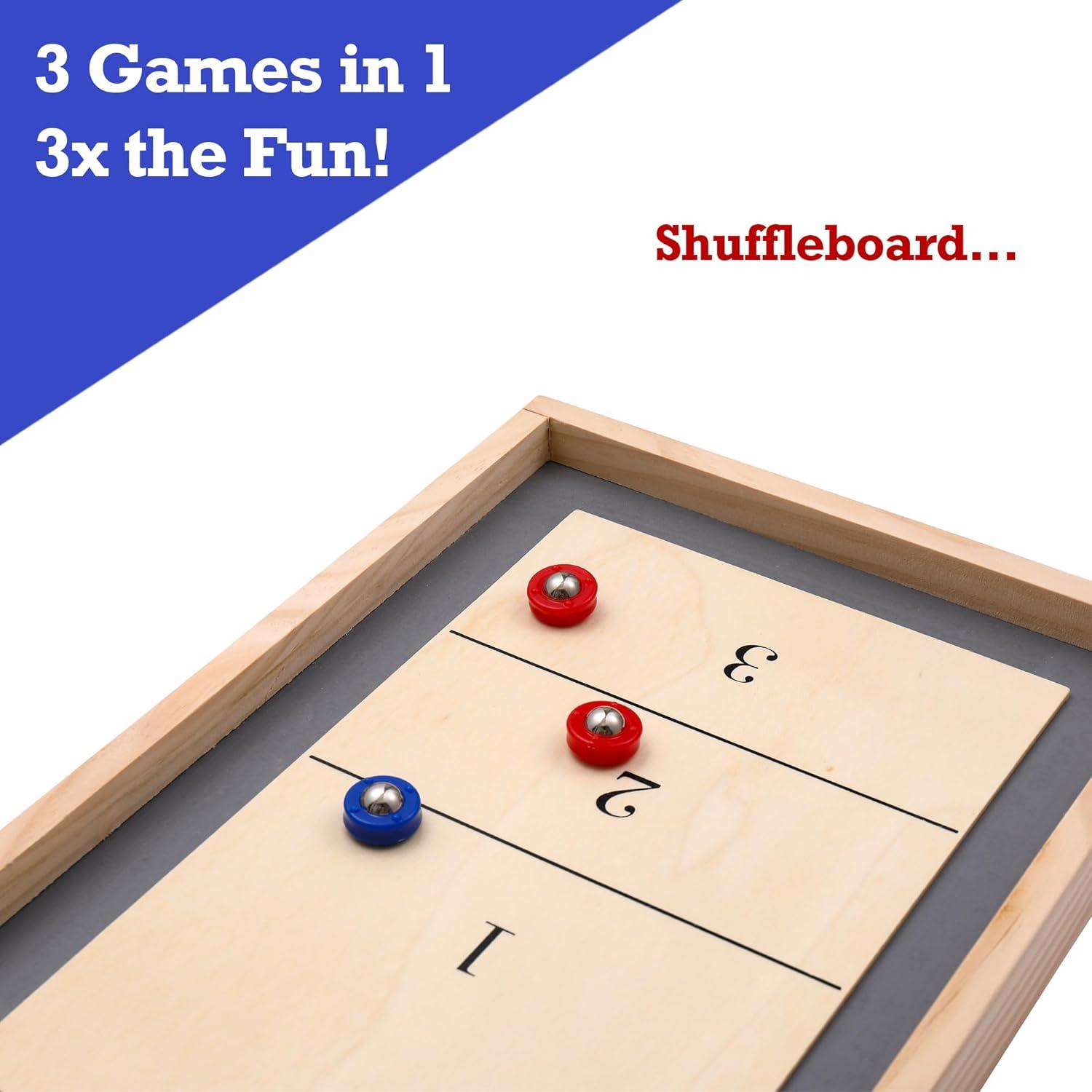 Sterling Games Tabletop Shuffleboard, Bowling and Curling 3 in 1 Combo Game Board Set for Kids and Family