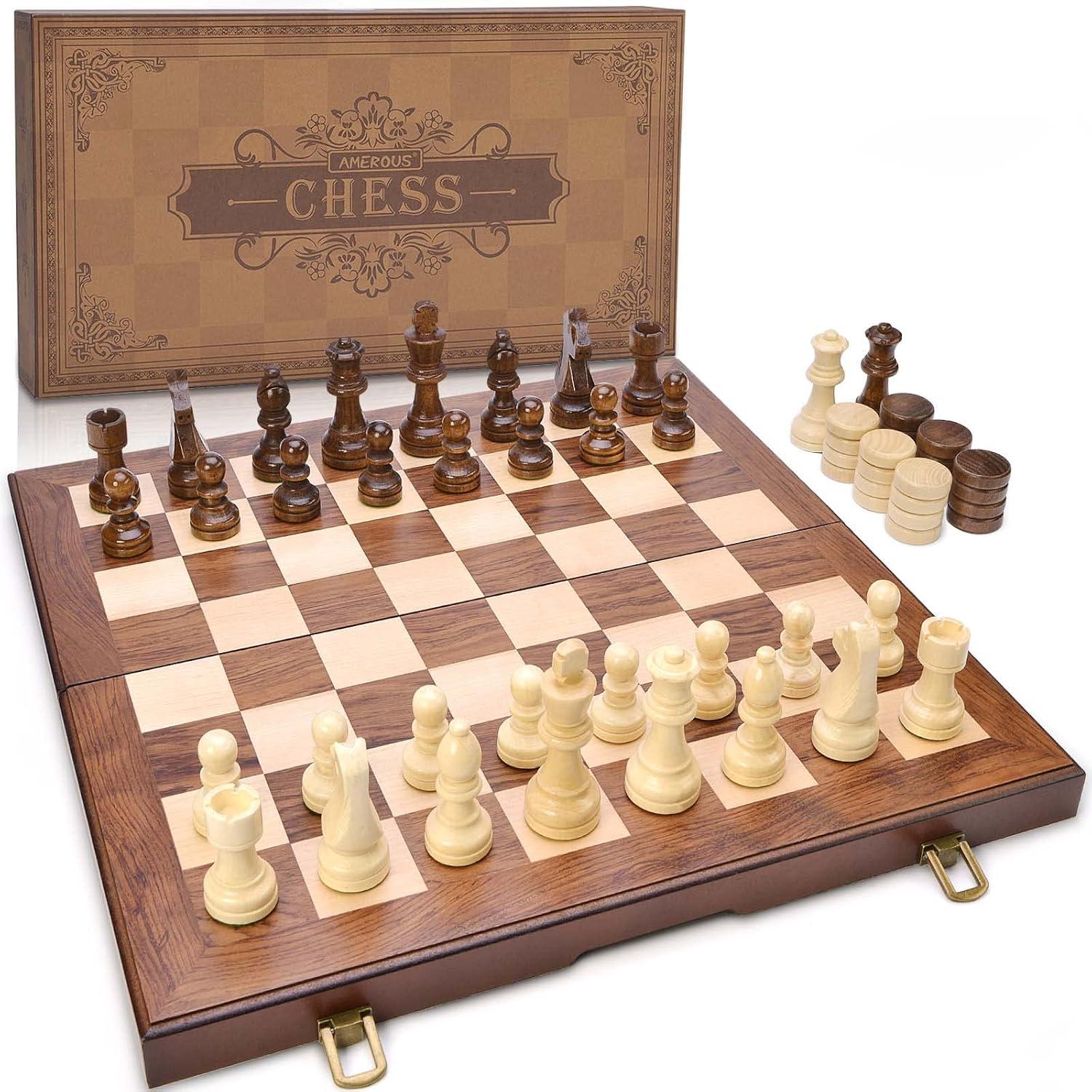 KiddiTouch 15 inch Magnetic Wooden Chess Set 2 in 1 Folding Chess Board Travel Chess Games for Adults and Kids-2 Extra Queen Pieces