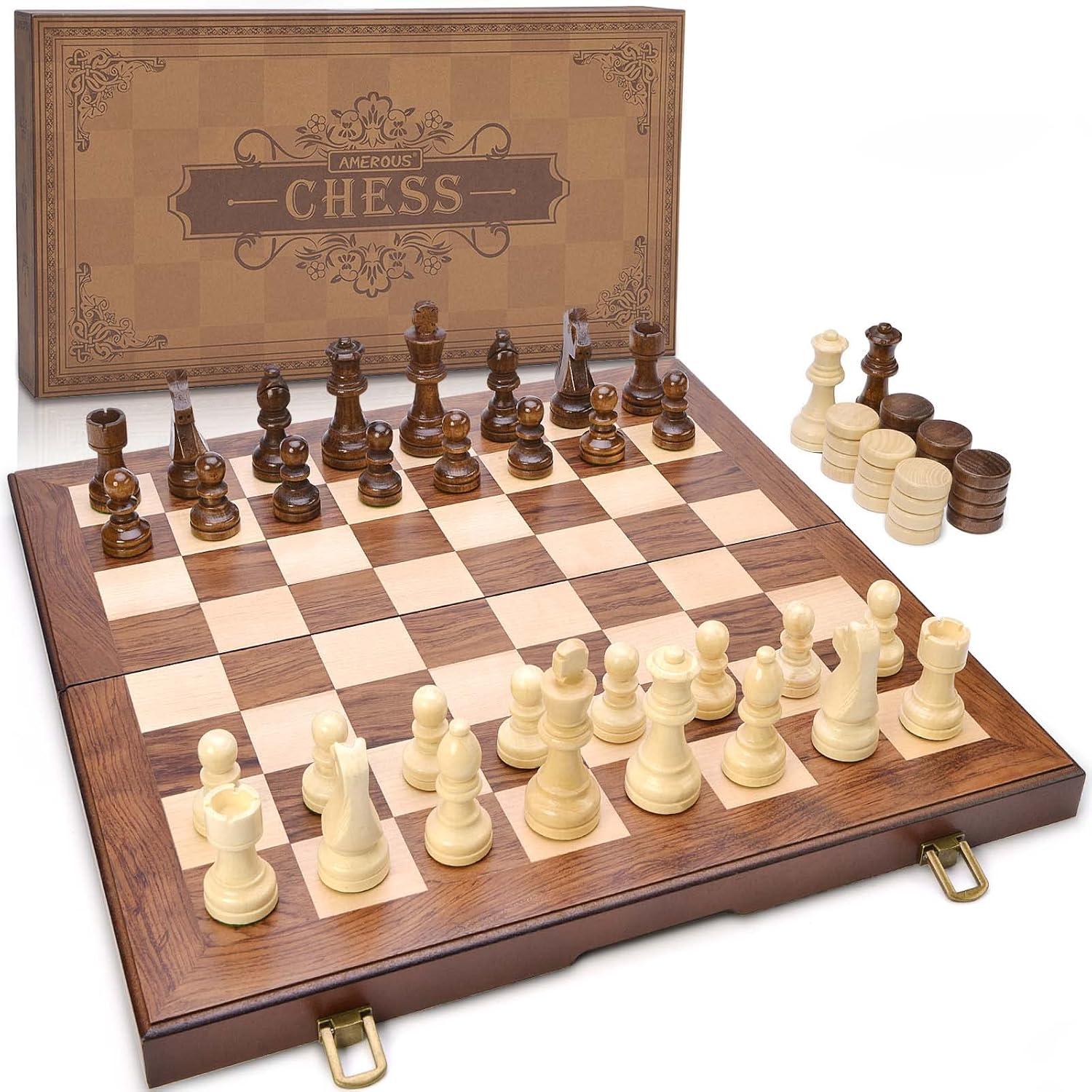 KiddiTouch 15 inch Magnetic Wooden Chess Set 2 in 1 Folding Chess Board Travel Chess Games for Adults and Kids