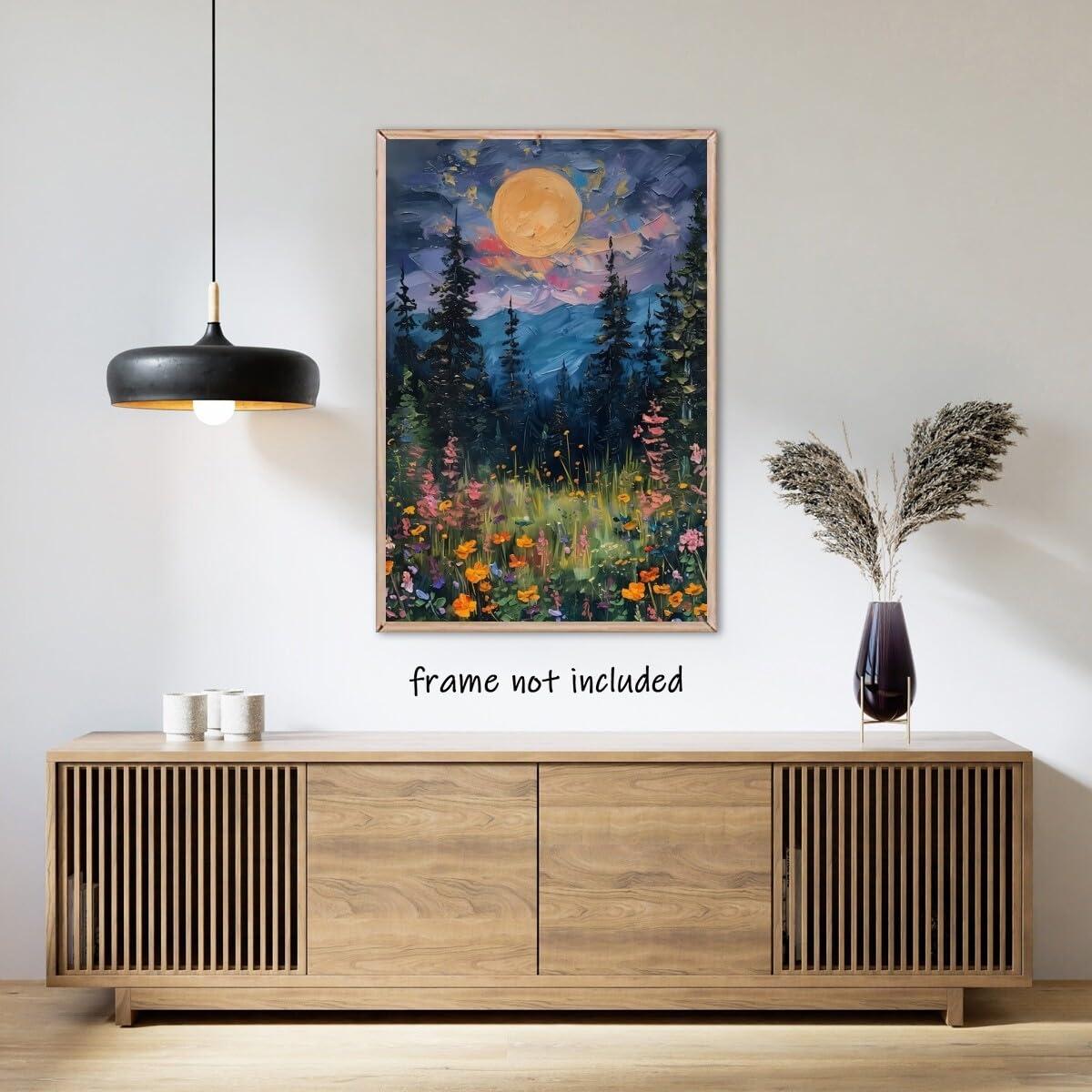 SFAOHPR Mystical Moon and Wildflowers Canvas Wall art Nature Flowers Oil Painting posters for room aesthetic Room Aesthetics Posters for Bedroom living room Home Decor ﻿12x16inch Unframed