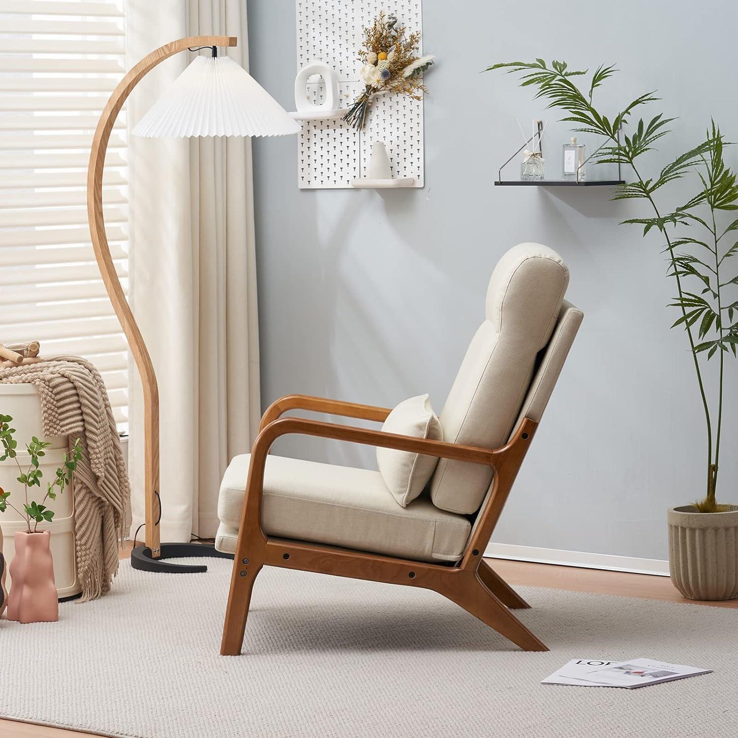 Beige Linen Upholstered Mid-Century Modern Accent Chair with Pillow