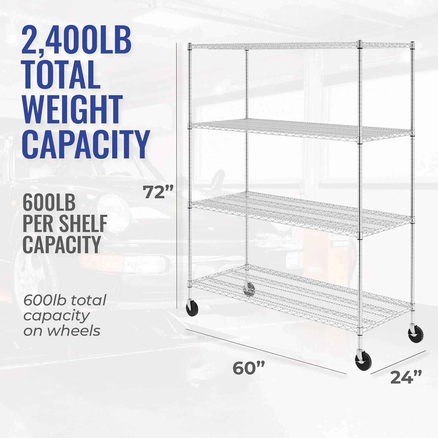 SafeRacks WS-602472-ZW4 24 x 60 x 72-Inch 4-Tier Storage Heavy-Duty 350-Pound Shelf Steel Wire Shelving Rack with Wheels, Stainless