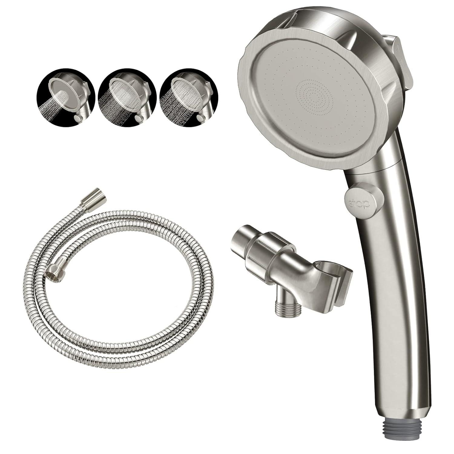 KAIYING Drill-Free High Pressure Handheld Shower Head with ONOFF Pause Switch 3 Spray Modes Water Saving Showerhead Detachable Puppy Shower Accessories (MShower Head (Chrome)+Bracket + Hose)