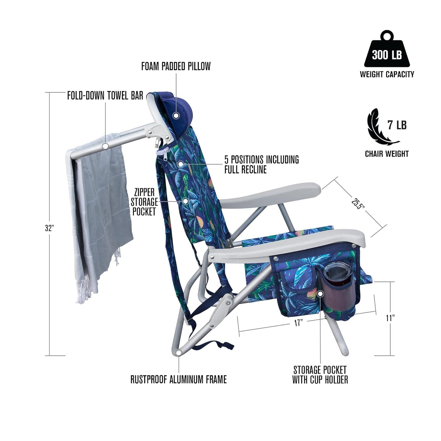 E-Z UP CHHRDLXPMBL Hurley Deluxe Backpack Beach Chair – Deluxe Palms Blue